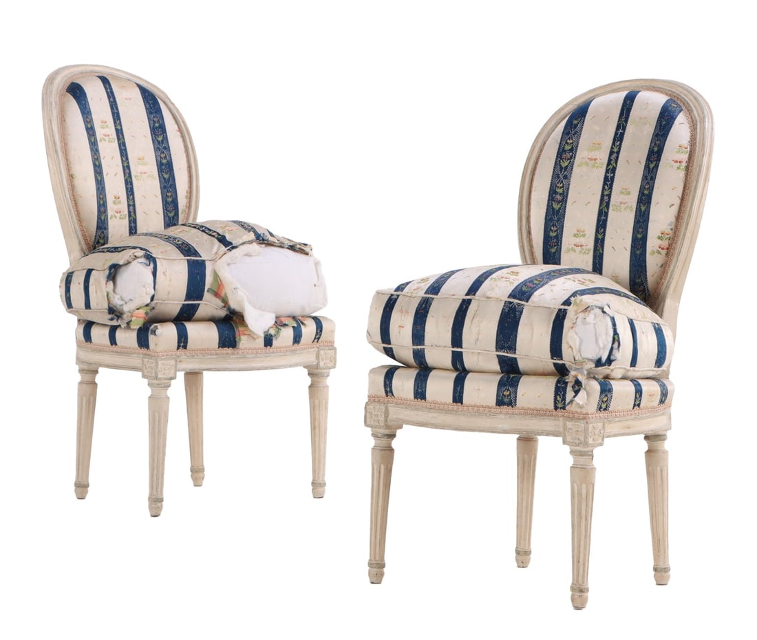 PAIR PAINTED FRENCH LOUIS XVI STYLE UPHOLSTERED SIDE CHAIRS 19th C. (1 of 7)