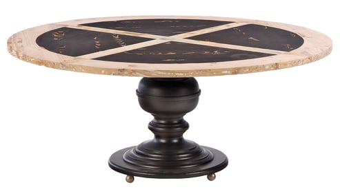 A CIRCULAR PAINTED PINE TABLE IN THE TUSCAN STYLE.