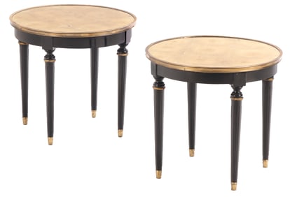PAIR FRENCH EMPIRE STYLE EBONIZED END TABLES HAVING GOLD GILT GLASS TOPS C 1950.