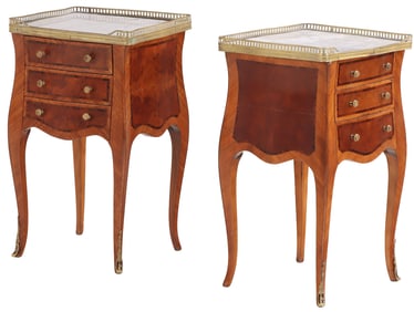 PAIR OF LOUIS XV STYLE MARBLE TOP NIGHT STANDS OR END TABLES OF BOMBAY FORM HAVING BURLWOOD AND