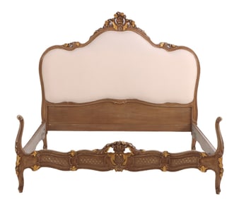 PAINTED AND CARVED WOOD LOUIS XV STYLE QUEEN WIDTH BED WITH NEW FABRIC C 1940.