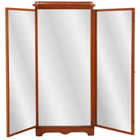 FRENCH SATINWOOD CABINET HAVING A BRASS GRILL OPENING TO A TRYPTIC DRESSING MIRROR C 1900.