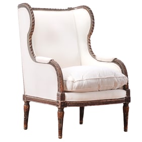 FRENCH PAINTED AND GILT CARVED LOUIS XVI STYLE BERGERE CHAIR WITH NEW FABRIC C 1940.