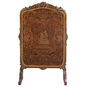 PAINTED AND GILT CARVED LOUIS XV STYLE FIRESCREEN WITH NEEDLEPOINT INSERT C 1900.