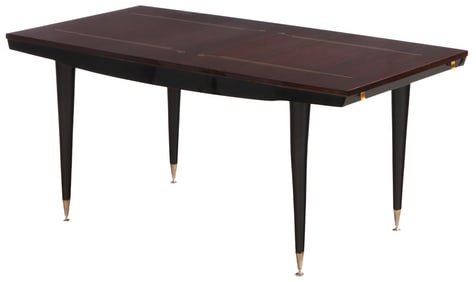 FRENCH EBONY MACASSAR INLAID DINING TABLE C 1950 HAVING TWO LEAVES.