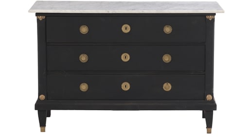 BLACK PAINTED FRENCH DIRECTOIRE STYLE BRONZE MOUNTED MARBLE TOP COMMODE HAVING THREE DRAWERS.