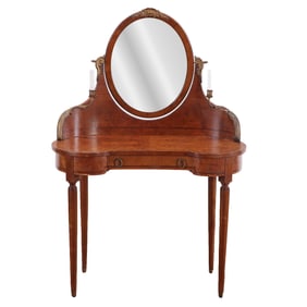 ELECTRIFIED FRENCH BRONZE MOUNTED BURL WALNUT VANITY HAVING AN OVAL MIRROR AND BRONZE CANDLES C