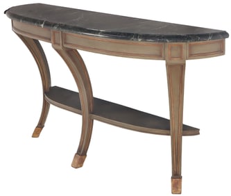 PAINTED AND GILTWOOD MARBLE TOP CONSOLE TABLE IN THE MANNER OF JANSEN HAVING THREE LEGS C 1940.
