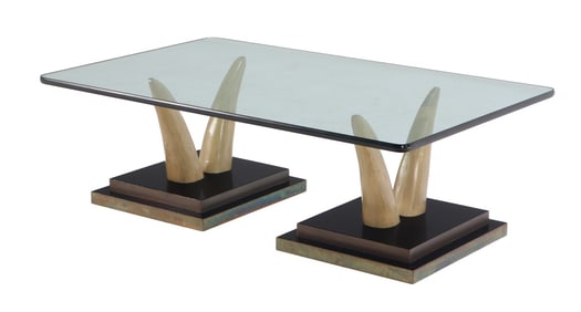 BRASS, LAMINATE, FAUX IVORY AND GLASS COFFEE TABLE C 1970 IN THE MANNER OF JANSEN.