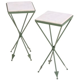 PAIR PAINTED IRON AND MARBLE END TABLES IN THE MANNER OF JANSEN HAVING ARROW TIPPED LEGS.
