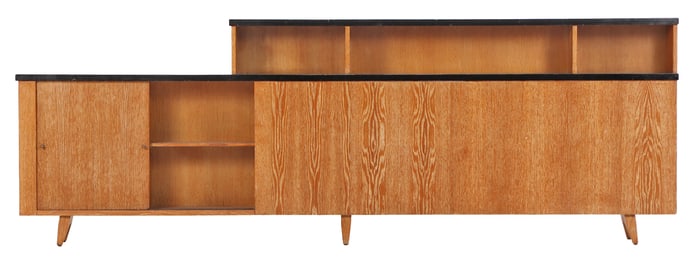 RARE FRENCH CERUSED OAK KING SIZE HEADBOARD (RIGHT SIDE) WITH BOOKCASE AND SLIDING DOOR NIGHT STANDS