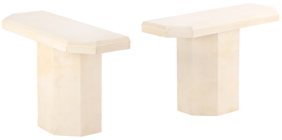 PAIR PARCHMENT COVERED ART DECO STYLE CONSOLE TABLES HAVING ROUNDED EDGE TOPS WITH CANTED
