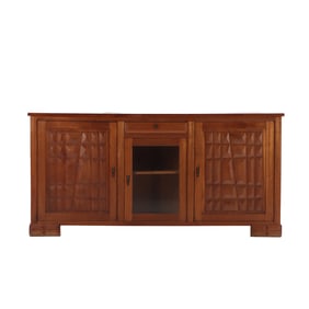 FRENCH MAHOGANY SIDEBOARD C 1940 IN THE MANNER OF CHARLES DUDOUYT HAVING A CENTRAL BEVELED GLASS