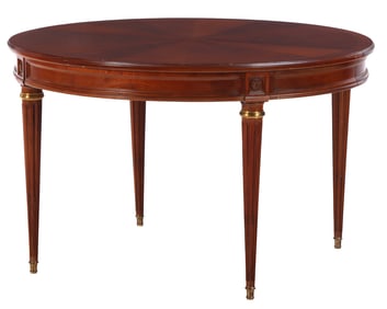 A LARGE FRENCH MAHOGANY LOUIS XVI STYLE DINING TABLE HAVING INTRICATELY VENEERED TOP AND FLUTED