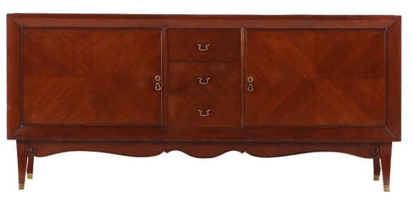MAHOGANY SIDEBOARD HAVING TWO DOORS, THREE DRAWERS AND A SHAPED SKIRT IN THE MANNER OF JULES LELEU C