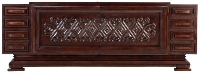 SUBSTANTIAL FRENCH OAK SIDEBOARD MADE WITH THICK LUMBER HAVING TWO LARGE CARVED DOORS AND EIGHT