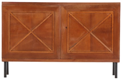 FRENCH OAK SERVER WITH X MOTIF HAVING TWO DOORS OPENING TO DRAWERS AND SHELVES C 1940.