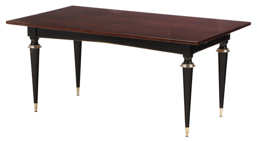 FRENCH MAHOGANY DINING TABLE WITH EBONIZED LEGS C 1950.