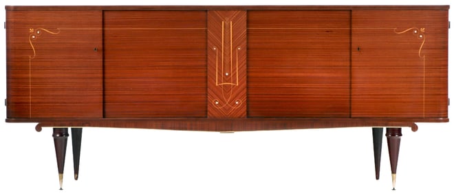 FRENCH RIBBON MAHOGANY FOUR DOOR SIDEBOARD WITH INLAY IN THE MANNER OF ANDRE ARBUS C 1950.