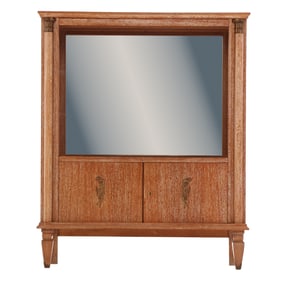 A FRENCH CERUSED OAK CABINET HAVING AN UPPER CABINET WITH TWO GLASS SHELVES AND MIRROR BACK