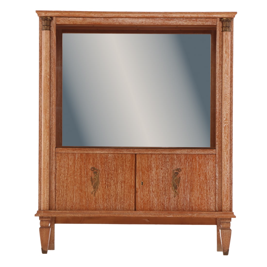 A FRENCH CERUSED OAK CABINET HAVING AN UPPER CABINET WITH TWO GLASS SHELVES AND MIRROR BACK (1 of 9)