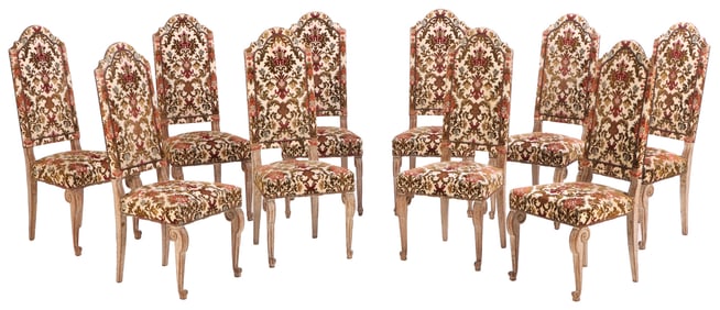TEN FRENCH CERUSED OAK TALL BACK DINING CHAIRS  C 1940.