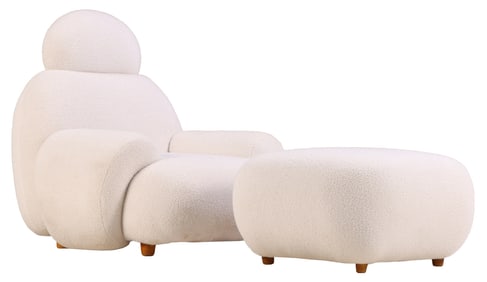 AN UPHOLSTERED SNOW MAN CHAIR WITH OTTOMAN IN THE MANNER OF JEAN ROYERE HAVING NEW FABRIC.