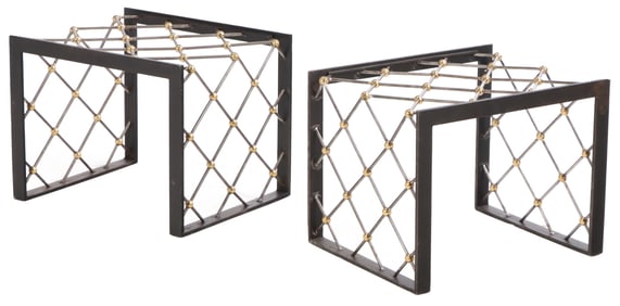 PAIR STEEL AND BRASS GLASS TOP END TABLES IN THE MANNER OF JEAN ROYERE.
