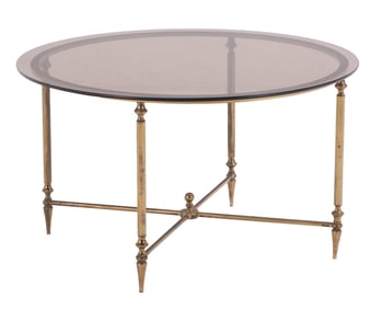 FRENCH BRASS PLATED AND SMOKED GLASS COFFEE TABLE C 1960.