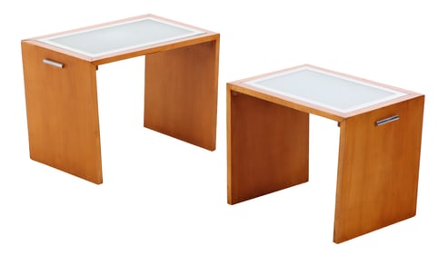 TWO FRENCH NESTING TABLES HAVING INSET GLASS TOPS AND NICKEL HANDLES C 1945.