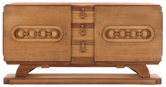 FRENCH OAK ART DECO SIDEBOARD HAVING TWO DOORS AND THREE DRAWERS C 1940. VENEER LOSS TO SIDES.