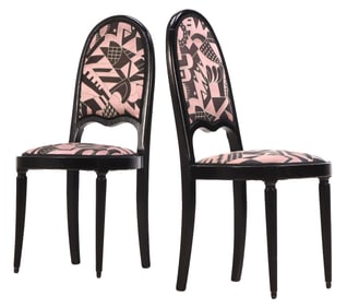 PAIR FRENCH ART DECO SIDE CHAIRS HAVING AN EBONIZED FRAME AND APPROPRIATE FABRIC