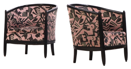 PAIR OF FRENCH ART DECO TUB CHAIRS HAVING AN EBONIZED FRAME AND APPROPRIATE FABRIC