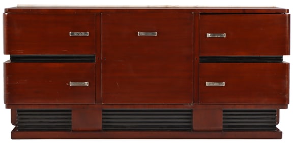 MAHOGANY ART DECO SIDEBOARD HAVING A WHITE MARBLE TOP.