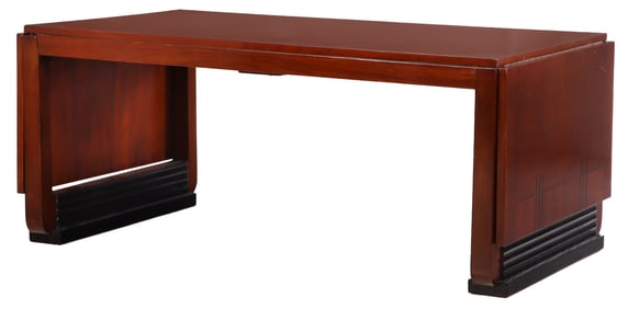 ART DECO MAHOGANY DROP LEAF TABLE OR WRITING DESK HAVING EBONIZED DETAILS.