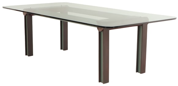 A CUSTOM ART DECO INSPIRED TABLE IS COMPRISED OF A GLASS TOP AND A MIXED METAL BASE
