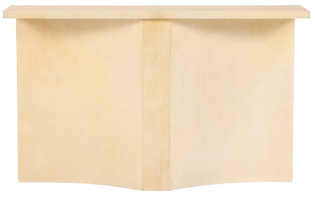 PARCHMENT COVERED DOUBLE CONCAVE CONSOLE TABLE WITH A FINISHED BACK.