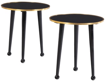 PAIR OF DARK CERUSED OAK END TABLES WITH BRASS BOUND TOP AND BALL FEET.