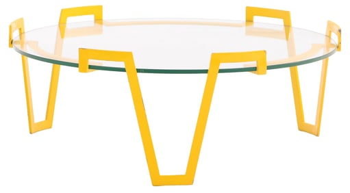 ROUND PAINED IRON AND GLASS COFFEE TABLE IN THE MANNER OF JEAN ROYERE.