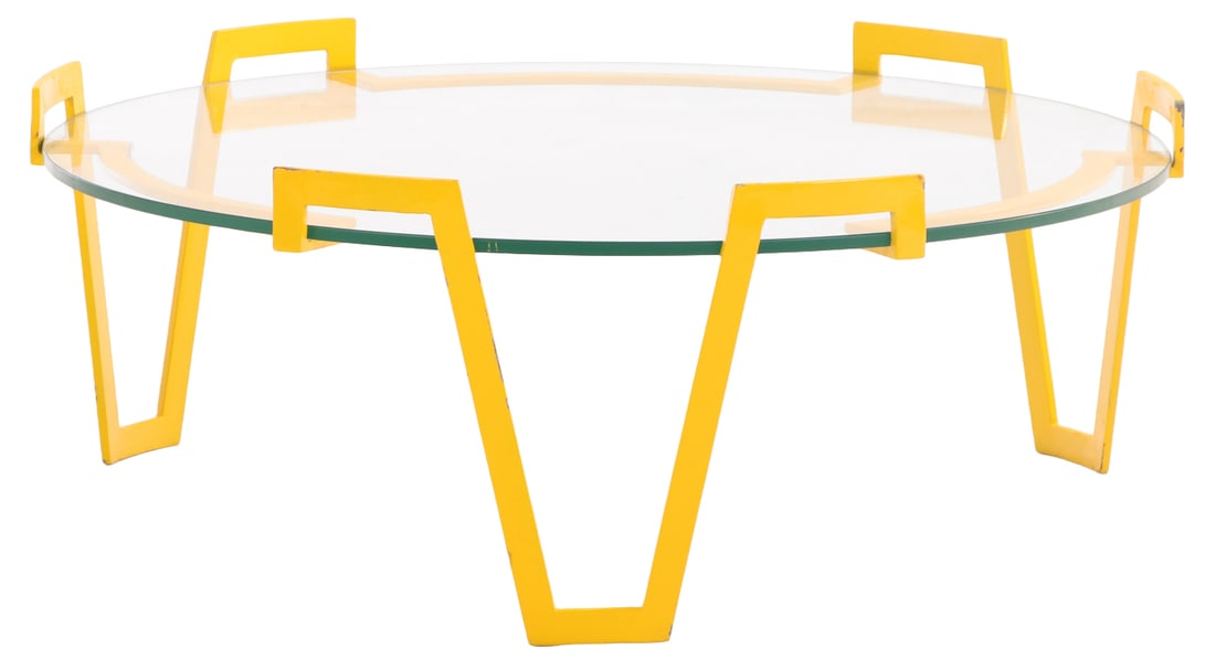 ROUND PAINED IRON AND GLASS COFFEE TABLE IN THE MANNER OF JEAN ROYERE. (1 of 6)