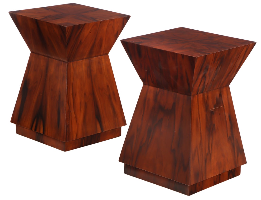 PAIR OF BURL WOOD DRINKS TABLES OF ARCHITECTURAL FORM. (1 of 4)