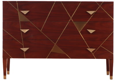 MODERN BRASS INLAID MAHOGANY DRESSER HAVING THREE DRAWERS.