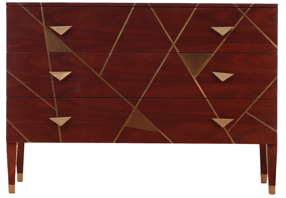 MODERN BRASS INLAID MAHOGANY DRESSER HAVING THREE DRAWERS.: Modern brass inlaid mahogany dresser having three drawers. Ht: 33.75" Wd: 47.5" Dpth: 18.25"