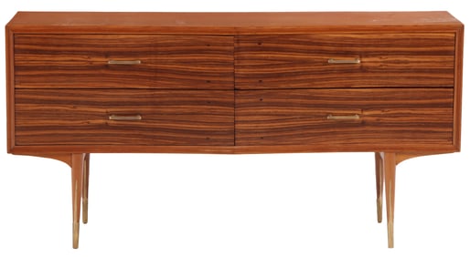 A FOUR DRAWER ROSEWOOD DRESSER WITH BRASS DETAILS C 1960.