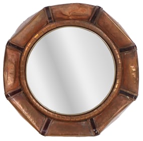 HAMMERED COPPER MIRROR C 1970 FROM PARIS. SIGNED ON REVERSE.