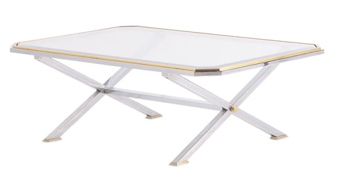 FRENCH TWO TONE BRASS AND CHROME GLASS TOP COFFEE TABLE C 1975.