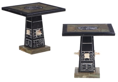 A PAIR OF AZTEC STYLE FIGURAL SIDE TABLES COMPRISED OF MIXED STONES AND MARBLES.