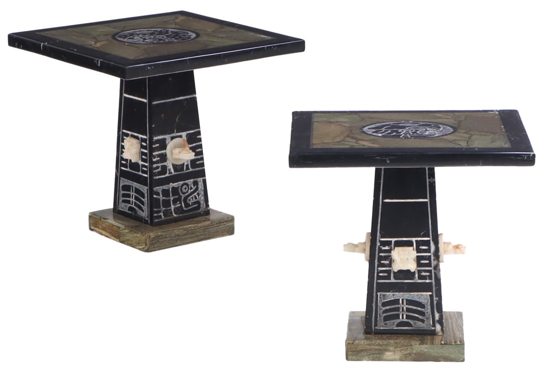 A PAIR OF AZTEC STYLE FIGURAL SIDE TABLES COMPRISED OF MIXED STONES AND MARBLES. (1 of 8)