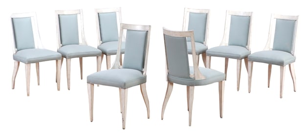 EIGHT PAINTED DINING CHAIRS WITH GRACEFUL LINES HAVING UPHOLSTERED SEATS AND BACKS.