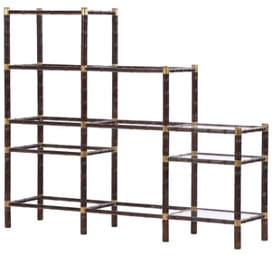 FAUX BAMBOO, BRASS MOUNTED AND GLASS TOP BOOKCASE IN THE MANNER OF BILLY HAINES C 1970. LACKING SOME